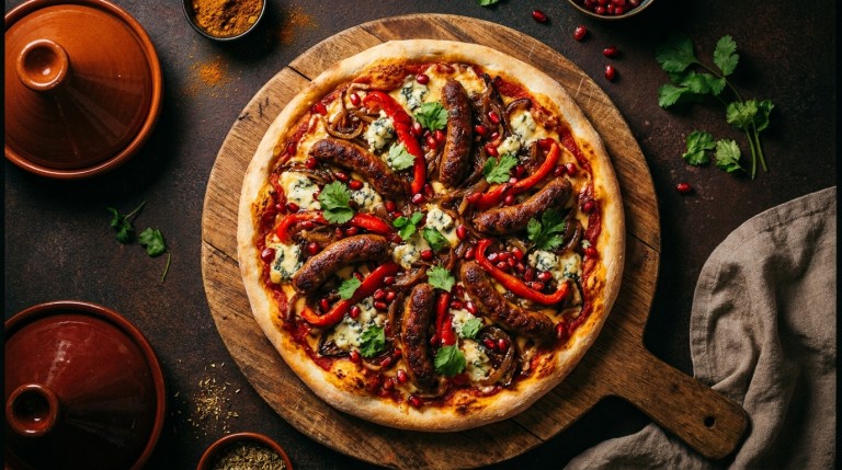 découvrez une fusion audacieuse avec notre pizza orientale garnie de merguez épicées et de fromage bleu fondant, pour une explosion de saveurs inédites.