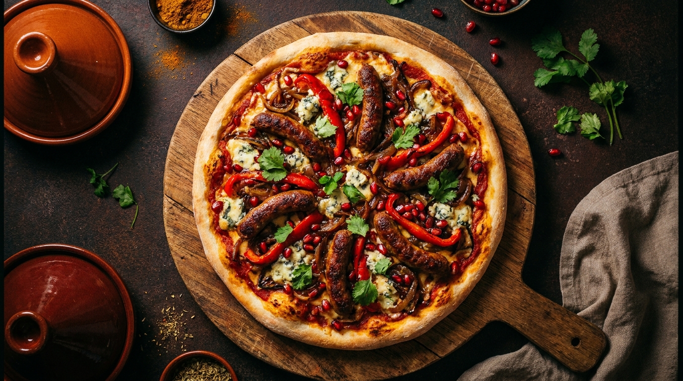 découvrez une fusion audacieuse avec notre pizza orientale garnie de merguez épicées et de fromage bleu fondant, pour une explosion de saveurs inédites.