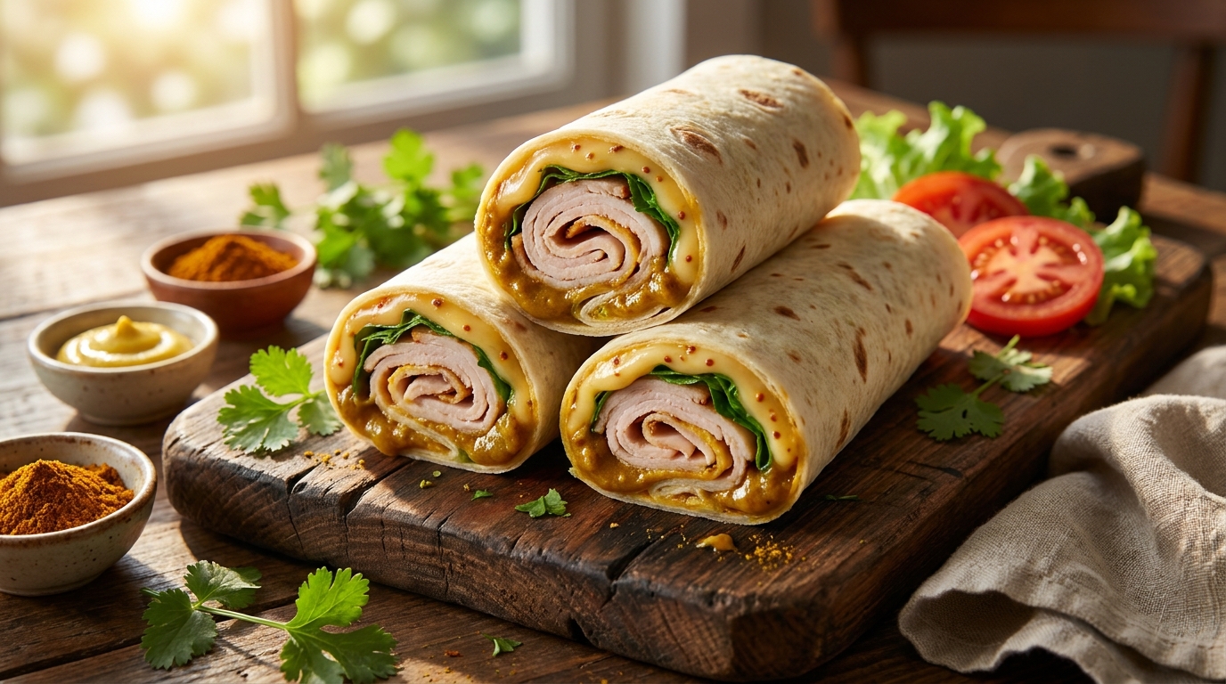 découvrez nos wraps gourmands à la dinde, fromage à la moutarde, curry et coriandre, une explosion de saveurs fraîches et épicées pour un repas savoureux et équilibré.