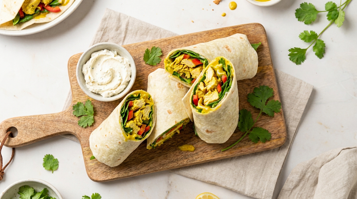 découvrez nos wraps gourmands à la dinde, fromage à la moutarde, curry et coriandre, une explosion de saveurs qui éveillera vos papilles. parfait pour un repas savoureux et rapide.