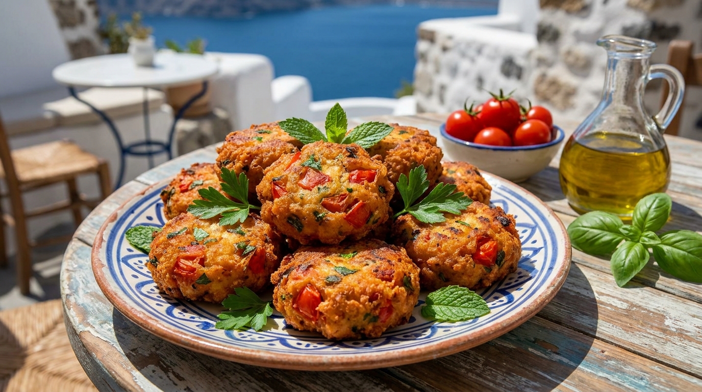 savourez les tomatokeftedes de santorin, ces beignets grecs à la tomate croustillants et parfumés, une spécialité locale incontournable à découvrir absolument.