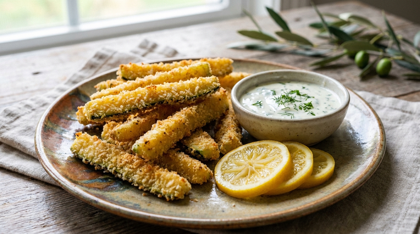découvrez une recette savoureuse de frites de courgettes croustillantes, accompagnées d'une sauce au yaourt citronné et au citron confit, pour une touche fraîche et originale.