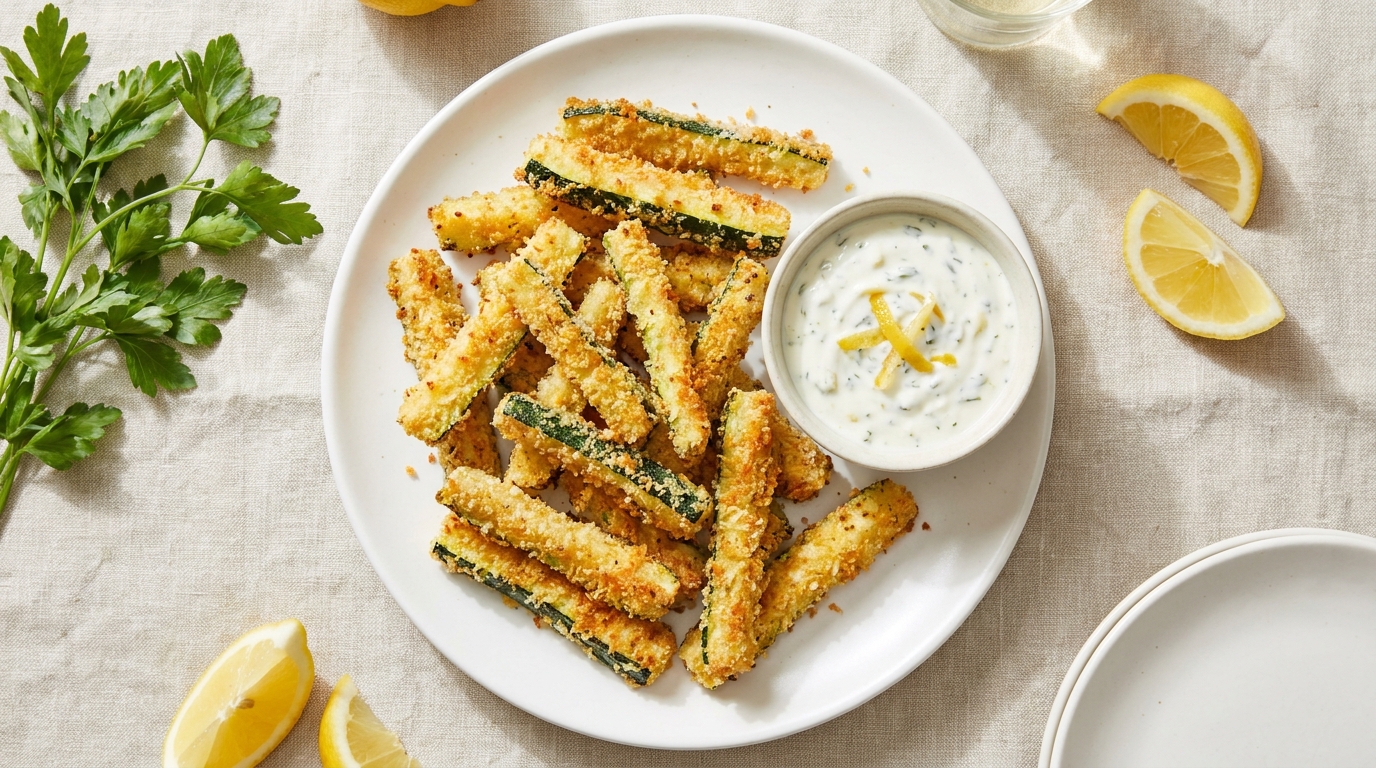 découvrez nos délicieuses frites de courgettes croustillantes, servies avec une sauce au yaourt citronné et citron confit pour une explosion de saveurs fraîches et acidulées.