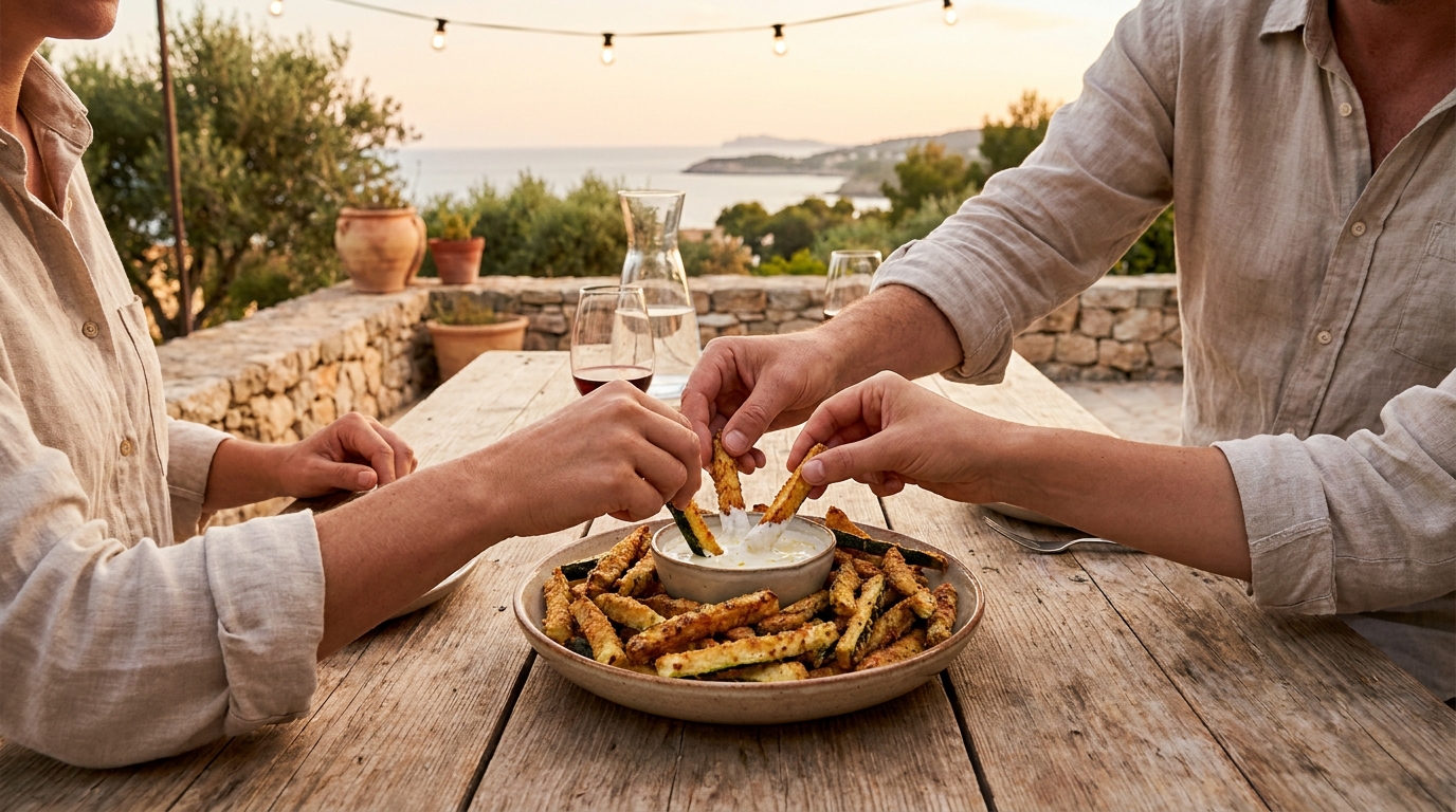 savourez nos délicieuses frites de courgettes croustillantes, accompagnées d'une sauce au yaourt citronné et citron confit, pour une expérience fraîche et gourmande.